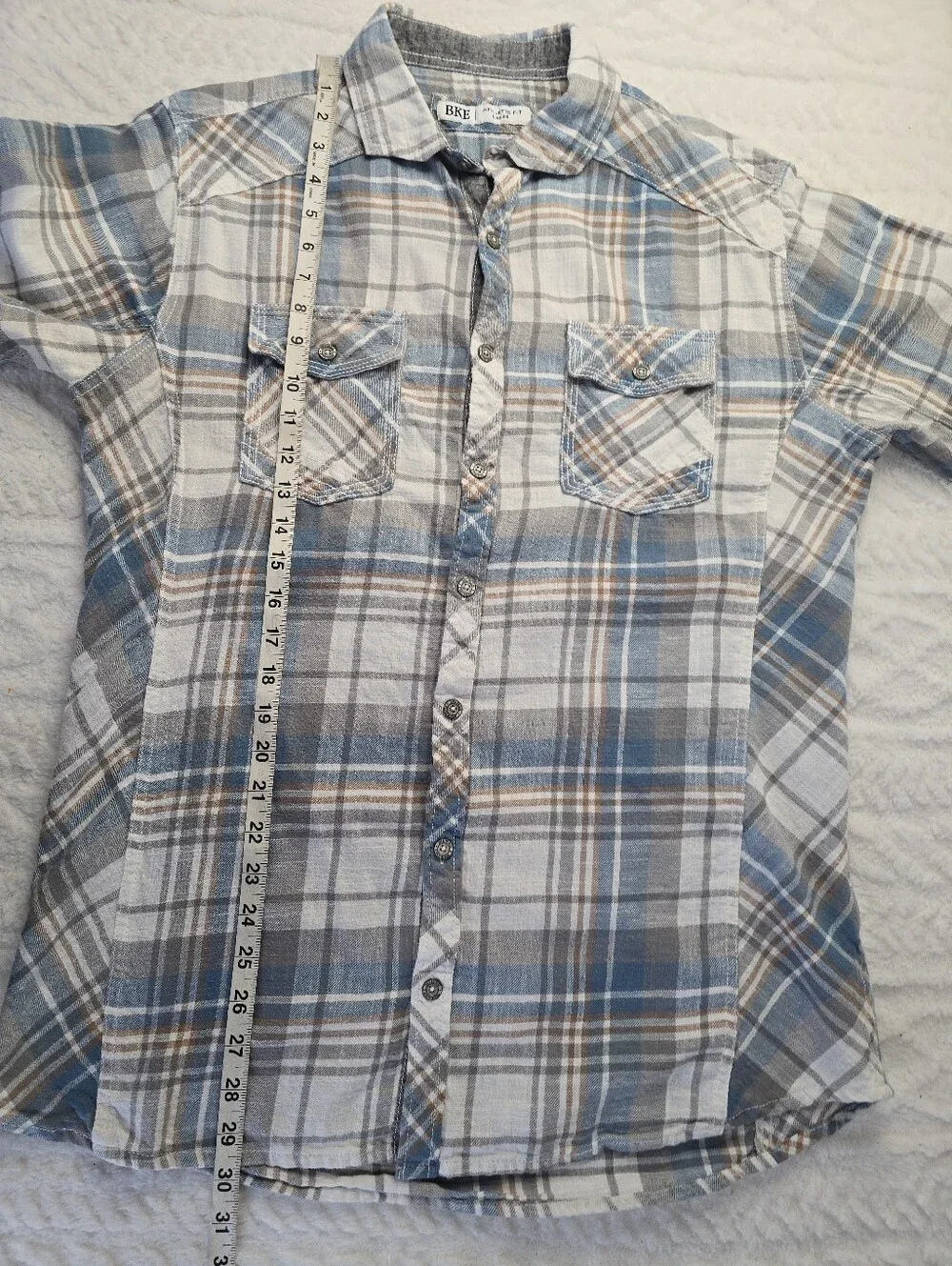 BKE Plaid Button-up Shirt Blue Gray Flannel Cotton Athletic Fit Western L